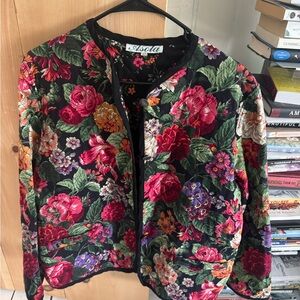 Isola Floral Quilted Bomber Jacket - Black with Pink & Green Floral Print